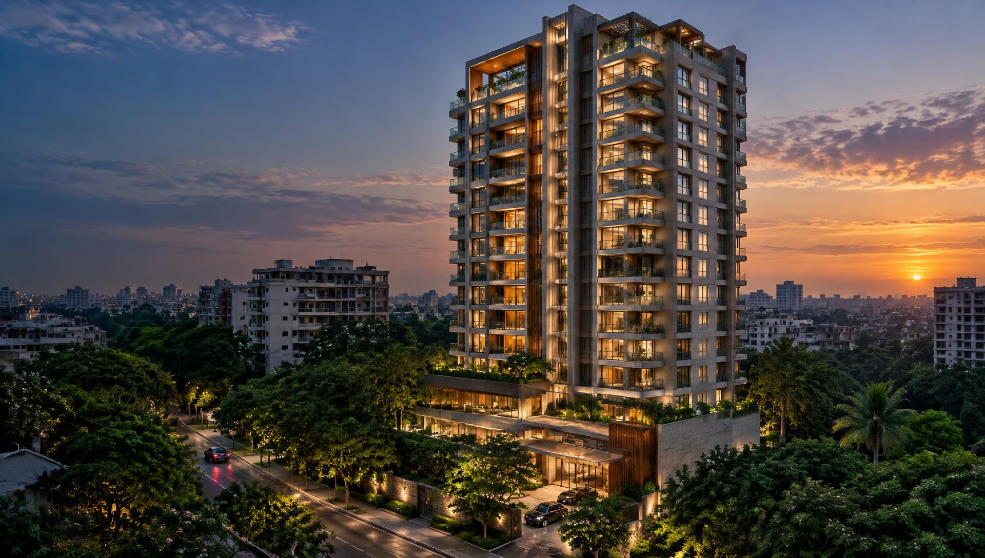 Residential tower at dusk